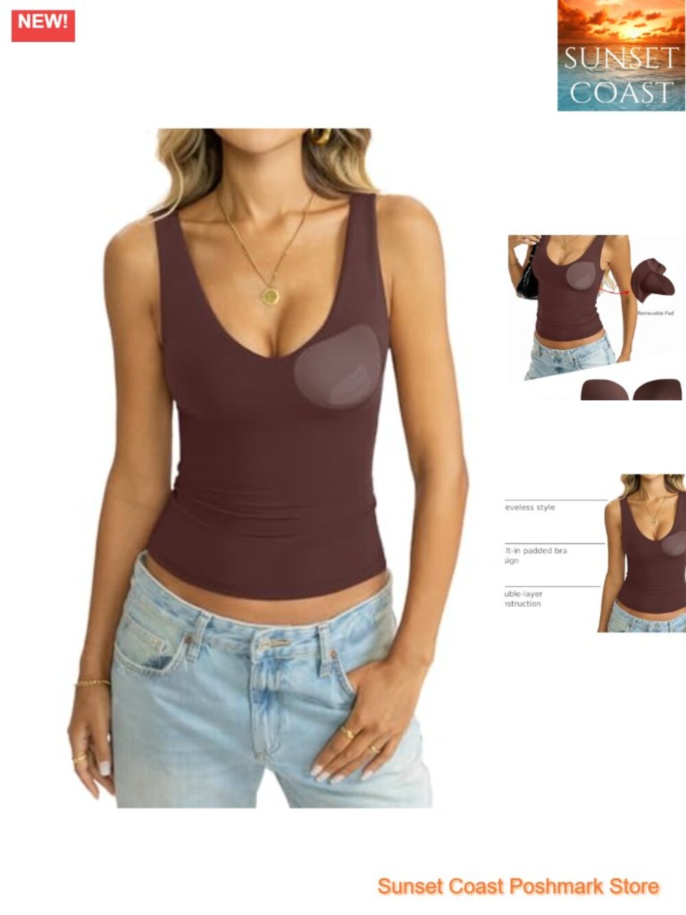 Women's Double Lined Tank Top with Built In Bra V Neck Sleeveless